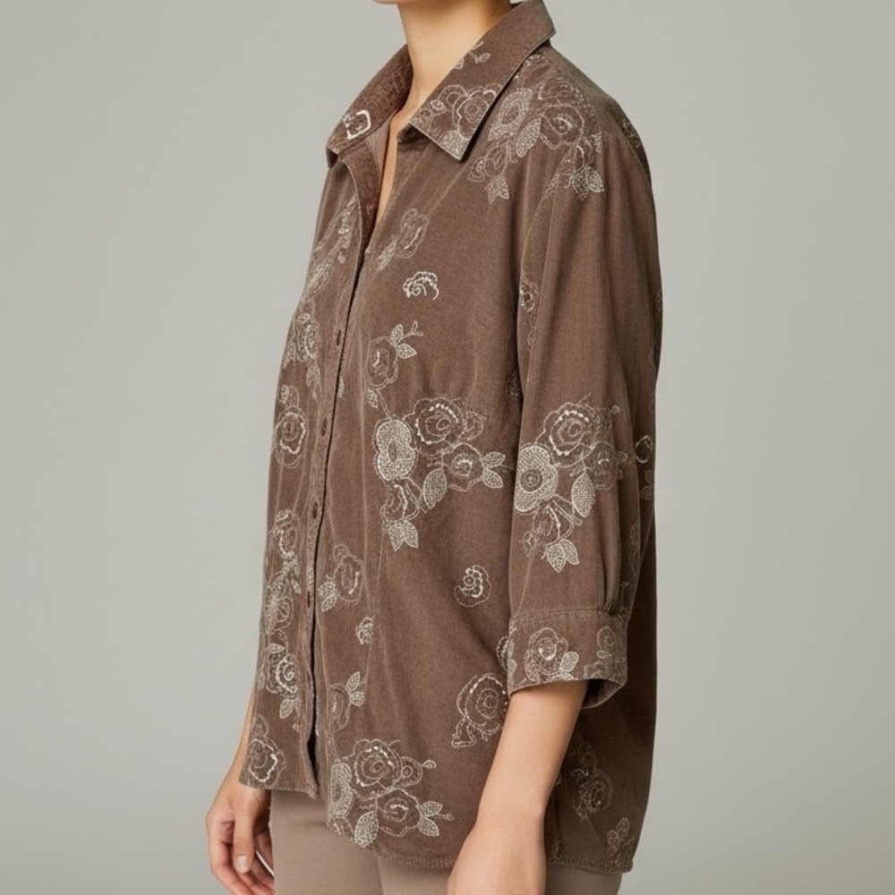 fresh produce Taupe Brown Floral Embroidered Button-Down Shirt